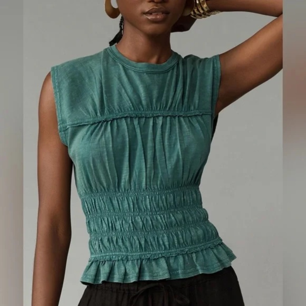 Anthropologie Pilcro The Leah Gathered Tee Shirt Large Teal Green